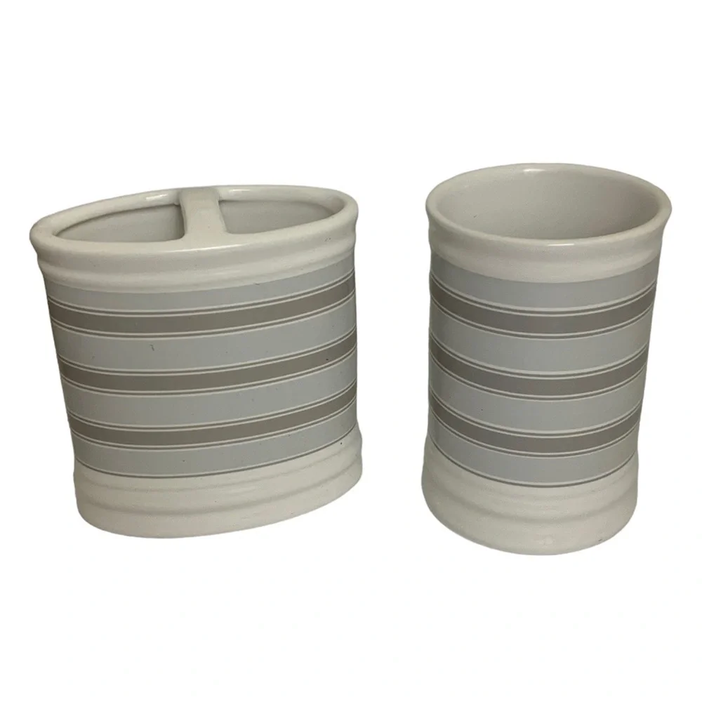 Striped Fabric Shower Curtain Ceramic Accessories 3 Pieces White Grey Tan Khaki